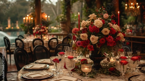 Na zdjęciu widać stół udekorowany do formalnej kolacji, z ustawionymi świecami i kwiatami.