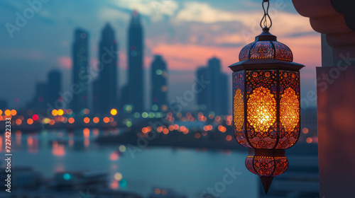 Arabic lantern of ramadan celebration against the city background