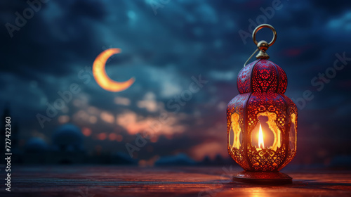 Arabic lantern of ramadan celebration placed on the table against the dark sky with islamic crescent