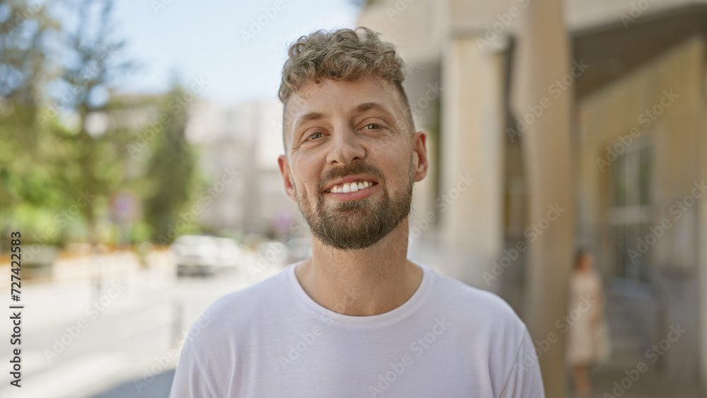 Handsome young caucasian man with blue eyes and beard smiling in an urban street setting