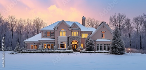Beige house in a suburban region, with conventional windows, on a large land piece, during snowy dusk.