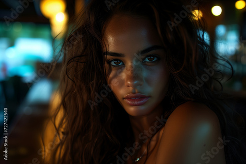 Close-up of a captivating woman with wavy hair, freckles, and a penetrating gaze in a dimly lit setting. © Sascha