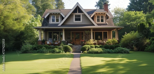 Beige craftsman cottage, cozy entrance accentuated, amidst a well-manicured green lawn.