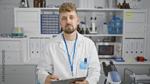 Handsome young man with beard in lab coat holding clipboard in medical laboratory