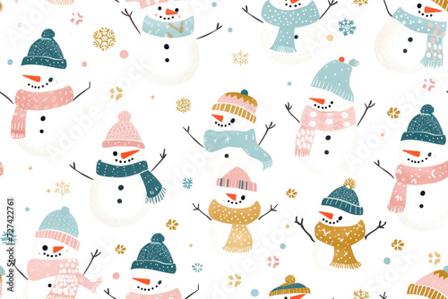 Seamless Pastel Winter Pattern with Snowmen