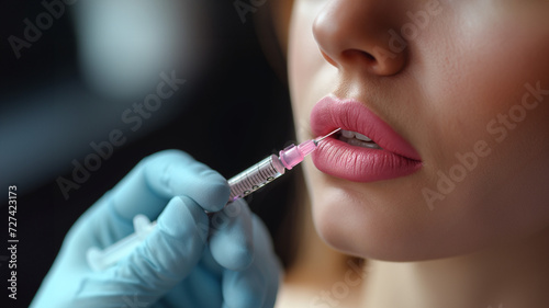 Syringe near woman's chin, beauty injections with fillers for lips correction