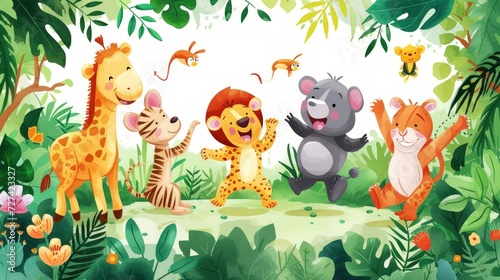 Funny Jungle cartoon animals dancing in forest in cartoon style. Generated AI image