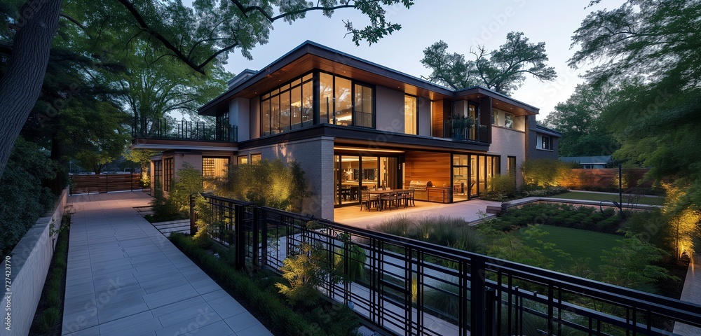 Contemporary forest green abode, simple backyard, elegant wrought iron gate, dusk lighting.