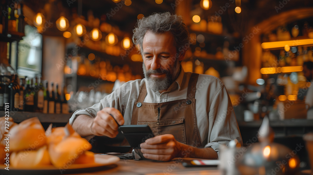 A man is sitting in a restaurant and reaches out with his smartphone to the credit card machine being held by a waiter A man is sitting in a restaurant and reaches out with his smartphone to the credit card machine being held by a waiter