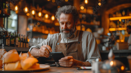 A man is sitting in a restaurant and reaches out with his smartphone to the credit card machine being held by a waiter
