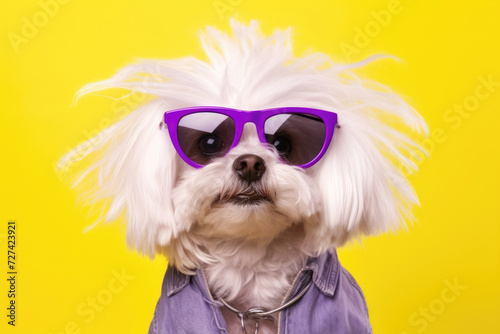 A quirky white dog with a wild hairdo, sporting oversized purple sunglasses and a jean jacket, against a vivid yellow background. © Sascha