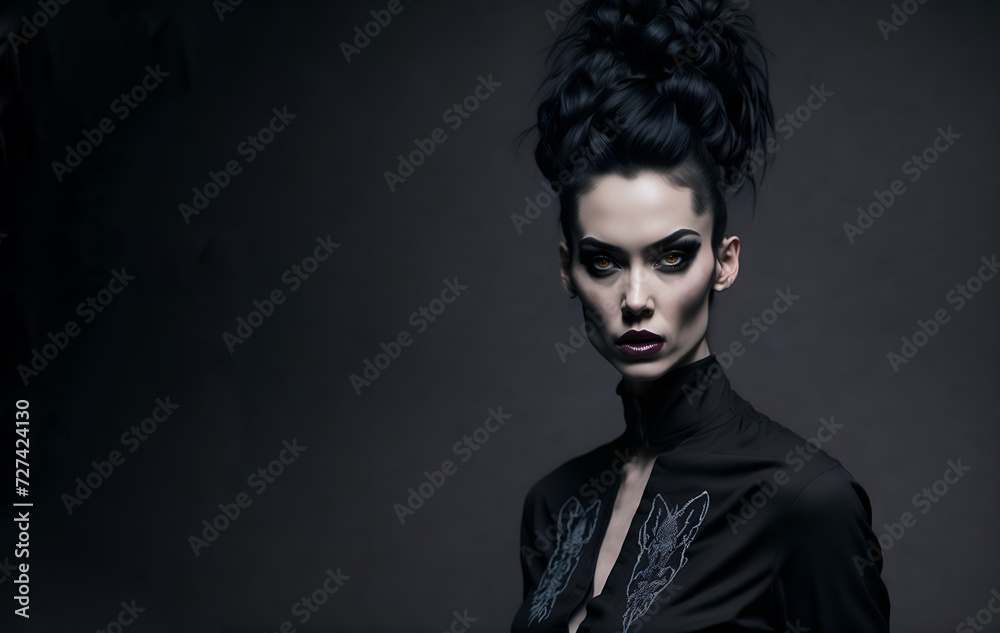 Portrait of a young goth woman. Punk teenager on dark background. Copy space