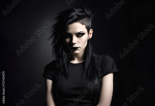 Portrait of a young goth woman. Punk teenager on dark background photo