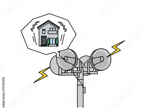 地震が発生し防災行政無線のサイレンが鳴るイラスト