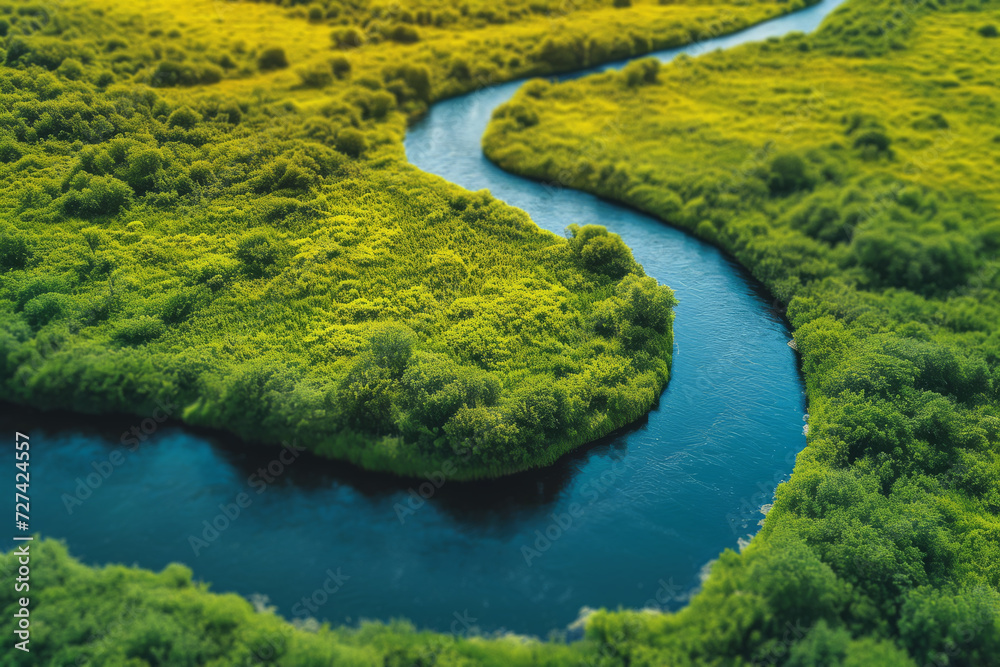 Aerial view of a winding river cutting through a lush green landscape, showcasing nature's meandering artistry. Concept of natural landscapes from above. Generative Ai.