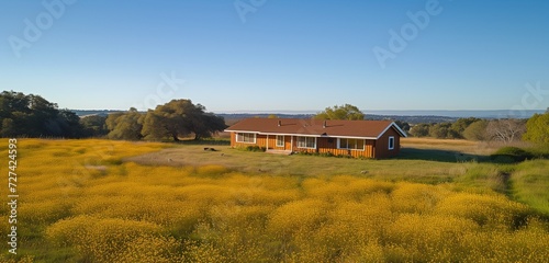 Drone aerial view of a marigold suburban house, quaint windows, on an expansive property, under a clear blue sky.