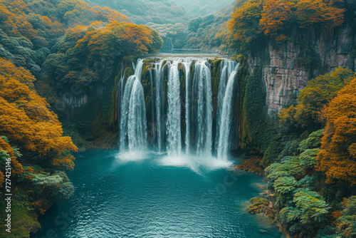 Drone image of a cascading waterfall in a remote location  revealing hidden natural wonders. Concept of undiscovered beauty and natural spectacles. Generative Ai.