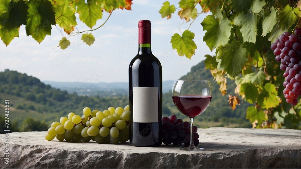 bottle of red wine with blank label and wineglass on vineyard landscape, product mockup template