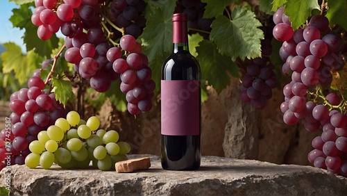 bottle of red wine with blanck label, grapes on vine backdrop, wine bottle mockup template