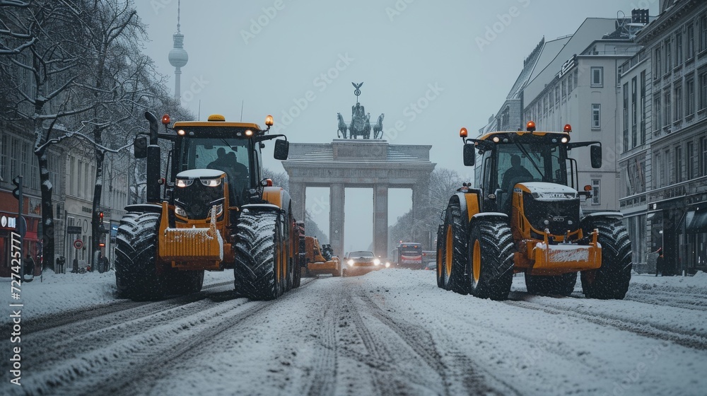 Protesting agricultural workers, farmers Germany and Europe on tractors, blocking roads and streets