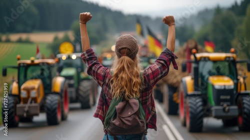 Protest of farmers, farmers on tractors, woman leader of the movement against taxes EU policies