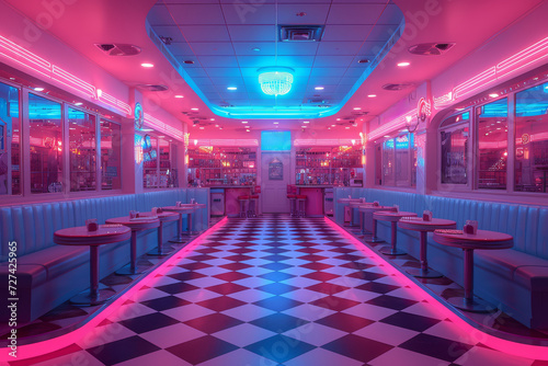 A classic 1950s diner with neon lights and checkered floors  embodying the era s unique style. Concept of retro design and 50s culture. Generative Ai.