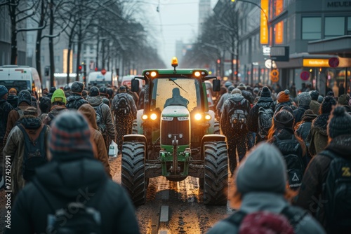 Protest of farmers, farmers on tractors, woman leader of the movement against taxes EU policies photo
