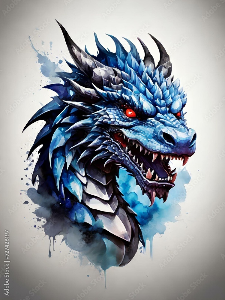 Logo. Head of an evil dragon with red eyes. Watercolor. Fantasy. Logo. Head of an evil dragon with red eyes. Watercolor. Fantasy.