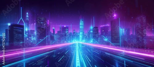 Futuristic cityscape night with neon purple and blue glowing lights background. Generated AI