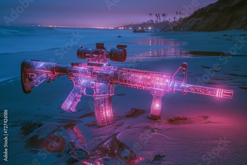 A conceptual artwork of an M16 rifle rendered with a translucent, multicolored body against a twilight beach scene, giving it an otherworldly appearance. photo