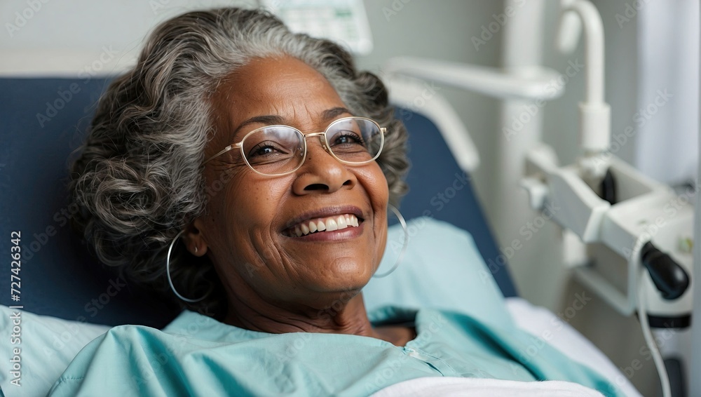 Elderly black woman, hospital patient, joyful smile, close-up, bedridden, eyeglasses, hospital gown, contentment, recovery, healthcare, positive, senior care, indoors.