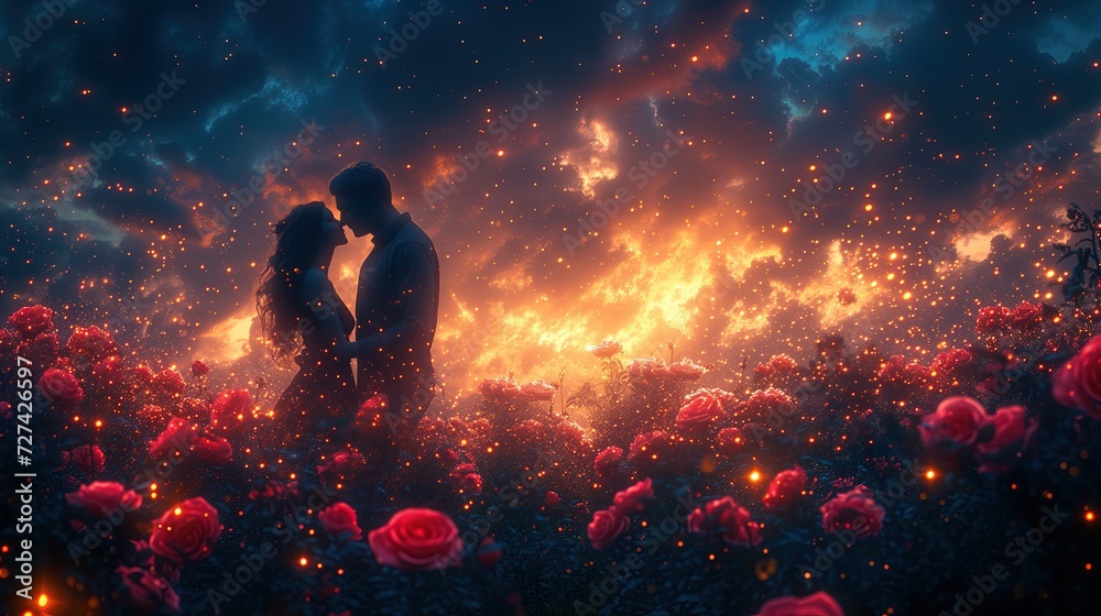 Mężczyzna i kobieta związani w romantyczny gest stoją na polu pełnym romantycznych kwiatów. - obrazy, fototapety, plakaty 
