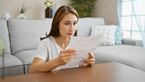 Young woman reading document sitting on floor at home