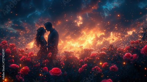 Mężczyzna i kobieta związani w romantyczny gest stoją na polu pełnym romantycznych kwiatów.