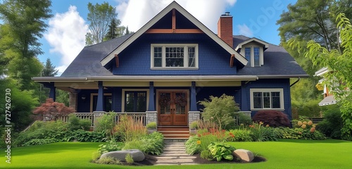 Full front view of a navy blue craftsman cottage, distinctive craftsmanship, lush green landscape.