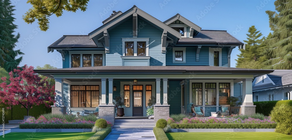 Full front view of a serene aqua craftsman house, rooftop terrace, yard with colorful flower beds.