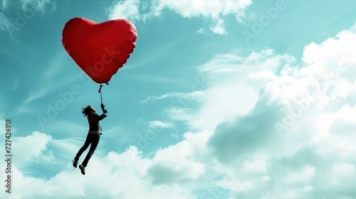Osoba trzyma balon w kształcie serca podczas lotu po niebie w chmurach 