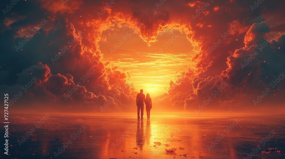 Dwóch ludzi stoi w płykiej wodzie przed chmurą w kształcie serca podczas wschodu słońca - obrazy, fototapety, plakaty 