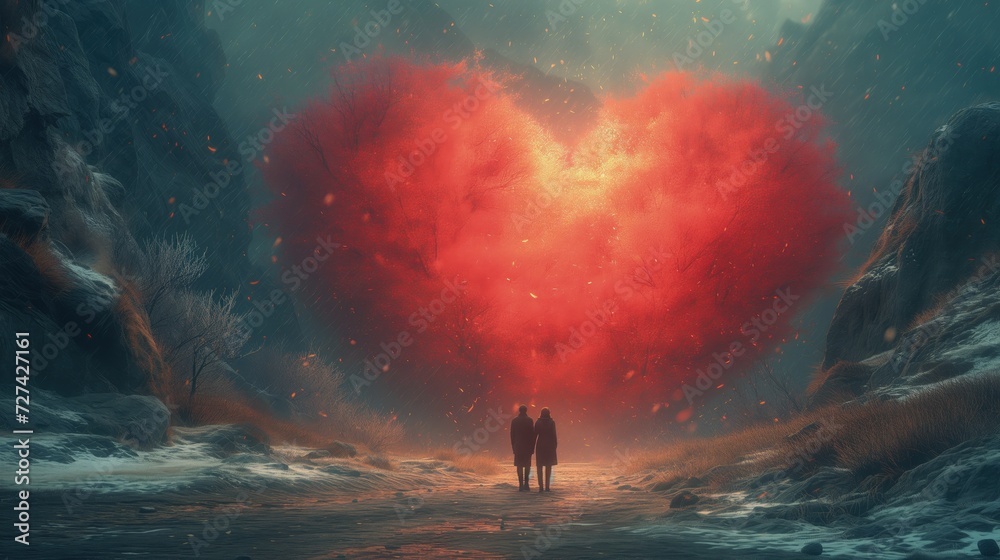 Na zdjęciu przedstawione są dwie osoby stojące przed czerwonym sercem stworzonym z korony czerwonych drzew - obrazy, fototapety, plakaty 