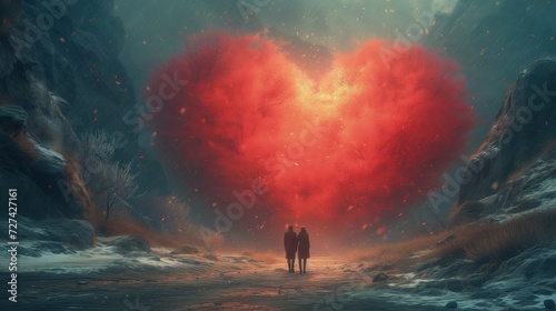 Na zdj  ciu przedstawione s   dwie osoby stoj  ce przed czerwonym sercem stworzonym z korony czerwonych drzew