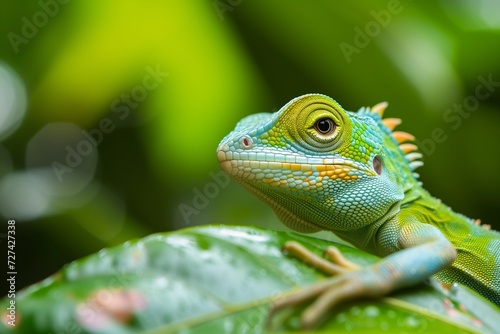green iguana on a leaf
