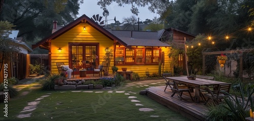 Honey-yellow twilight craftsman cottage with a charming wooden windmill in the backyard.
