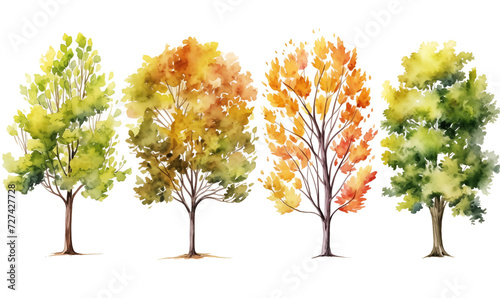 Tree set in autumn colors isolated on white  tree collection  watercolor illustration generative ai