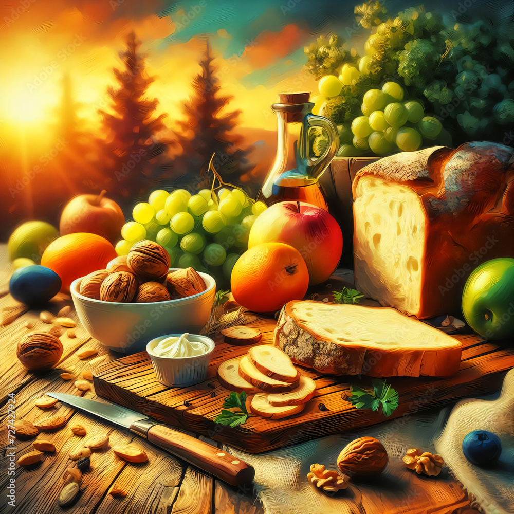 Sunset illuminates forest picnic scene. Wooden table holds bread cheese apples grapes. Mixed nuts in bowl. Olive oil bottle adds gourmet touch. Sunset illuminates forest picnic scene. Wooden table holds bread cheese apples grapes. Mixed nuts in bowl. Olive oil bottle adds gourmet touch.