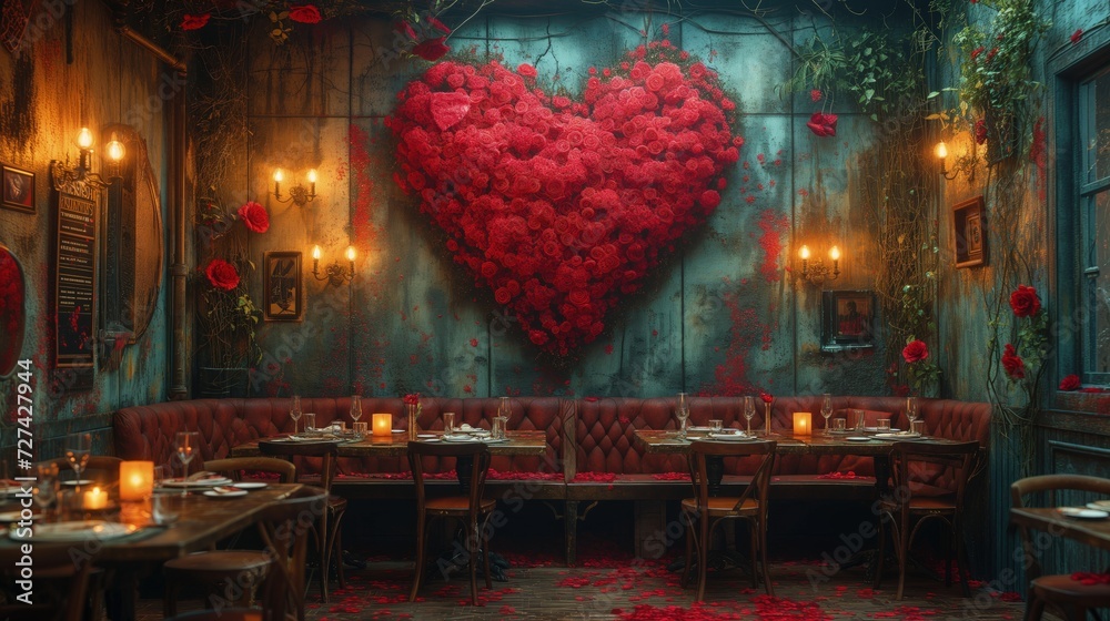 Na zdjęciu widać restaurację z dużym sercem na ścianie, idealne miejsce na romantyczną kolację. - obrazy, fototapety, plakaty 