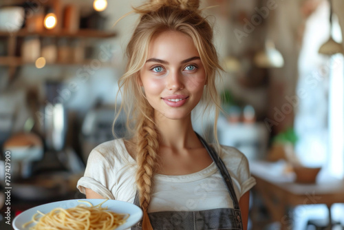 Joyful Lady Embracing Pasta Delight