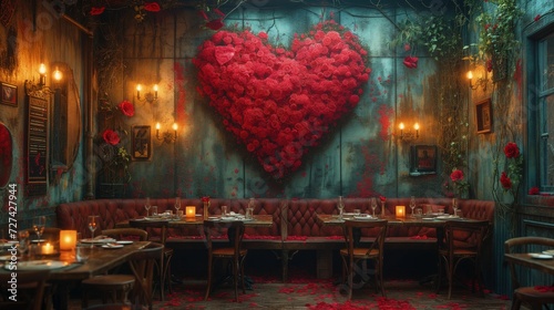 Na zdjęciu widać restaurację z dużym sercem na ścianie, idealne miejsce na romantyczną kolację.