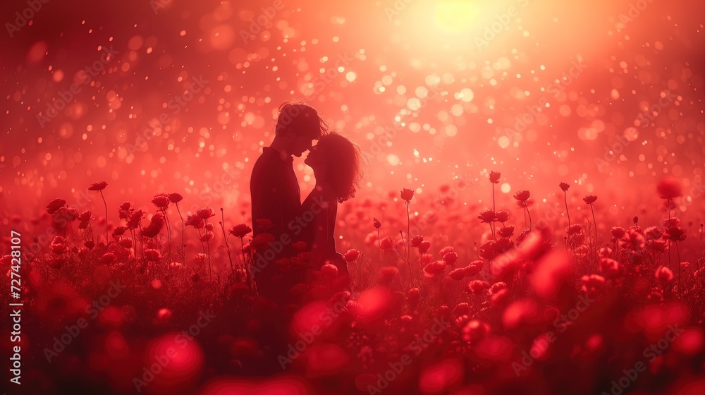 Para całuje się na tle pola pełnego kwiatów, wyrażając miłość i romantyzm. - obrazy, fototapety, plakaty 