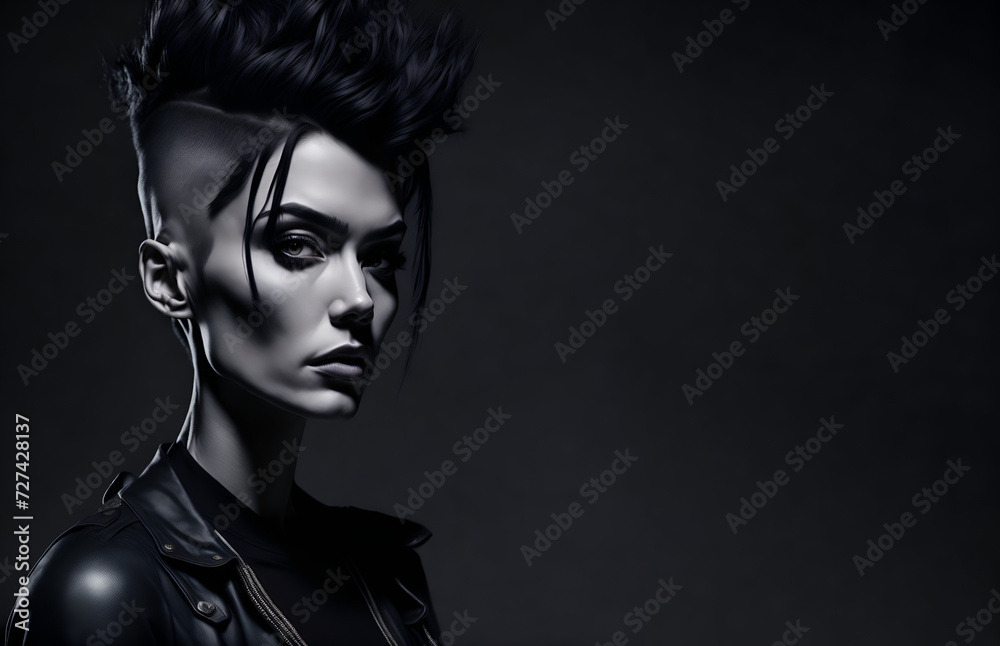 Portrait of a young goth woman. Punk lady on dark background. Copy space