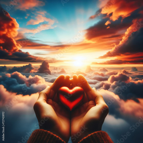 Valentine s Day Hands hold glowing hearts sunset clouds symbolizes love warmth affection.